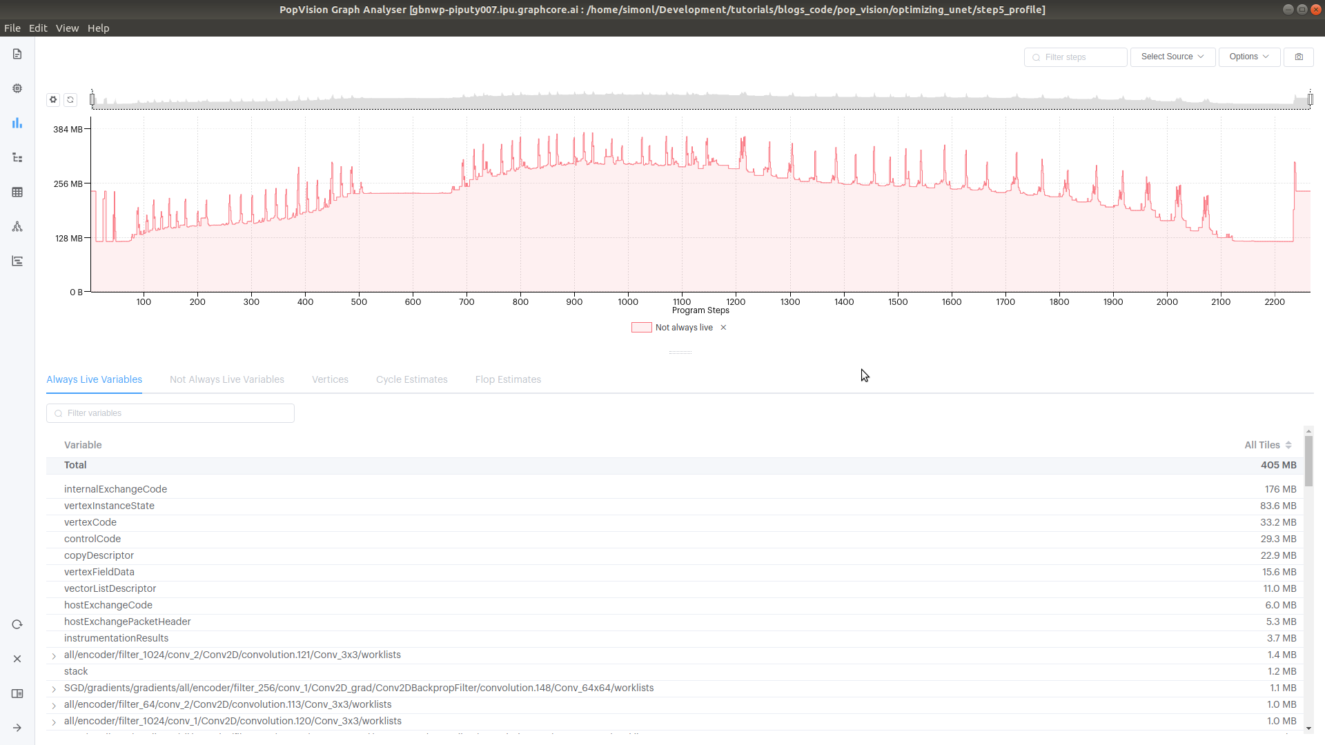 Live variable memory over time